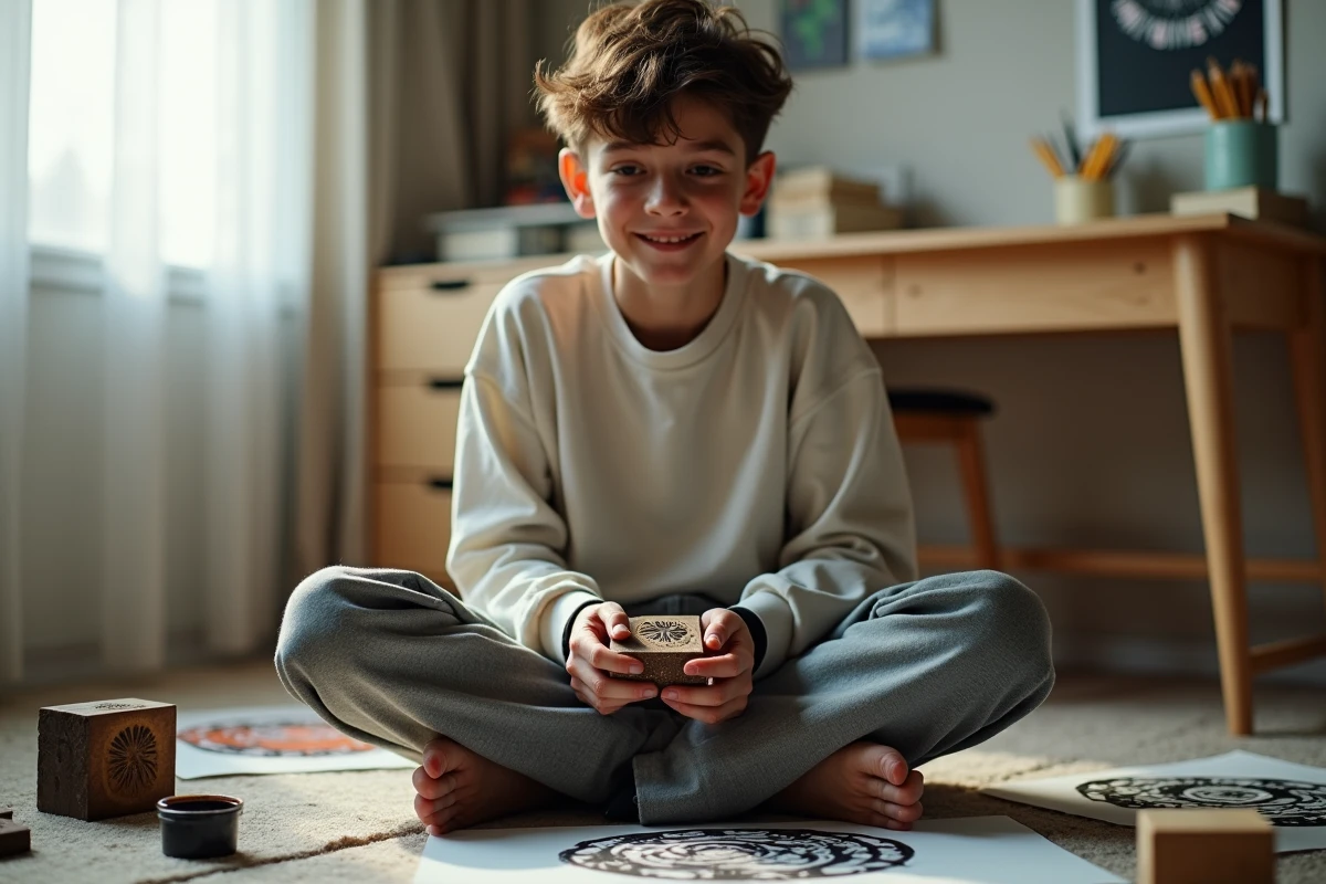 Adolescent de 17 ans pratiquant la linogravure dans sa chambre, idée cadeau créatif et manuel pour ado artiste