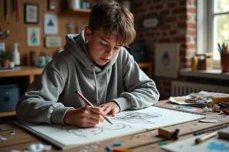 Adolescent de 17 ans dessinant dans un carnet de croquis dans un atelier créatif fait maison, idée cadeau pour ado créatif et manuel