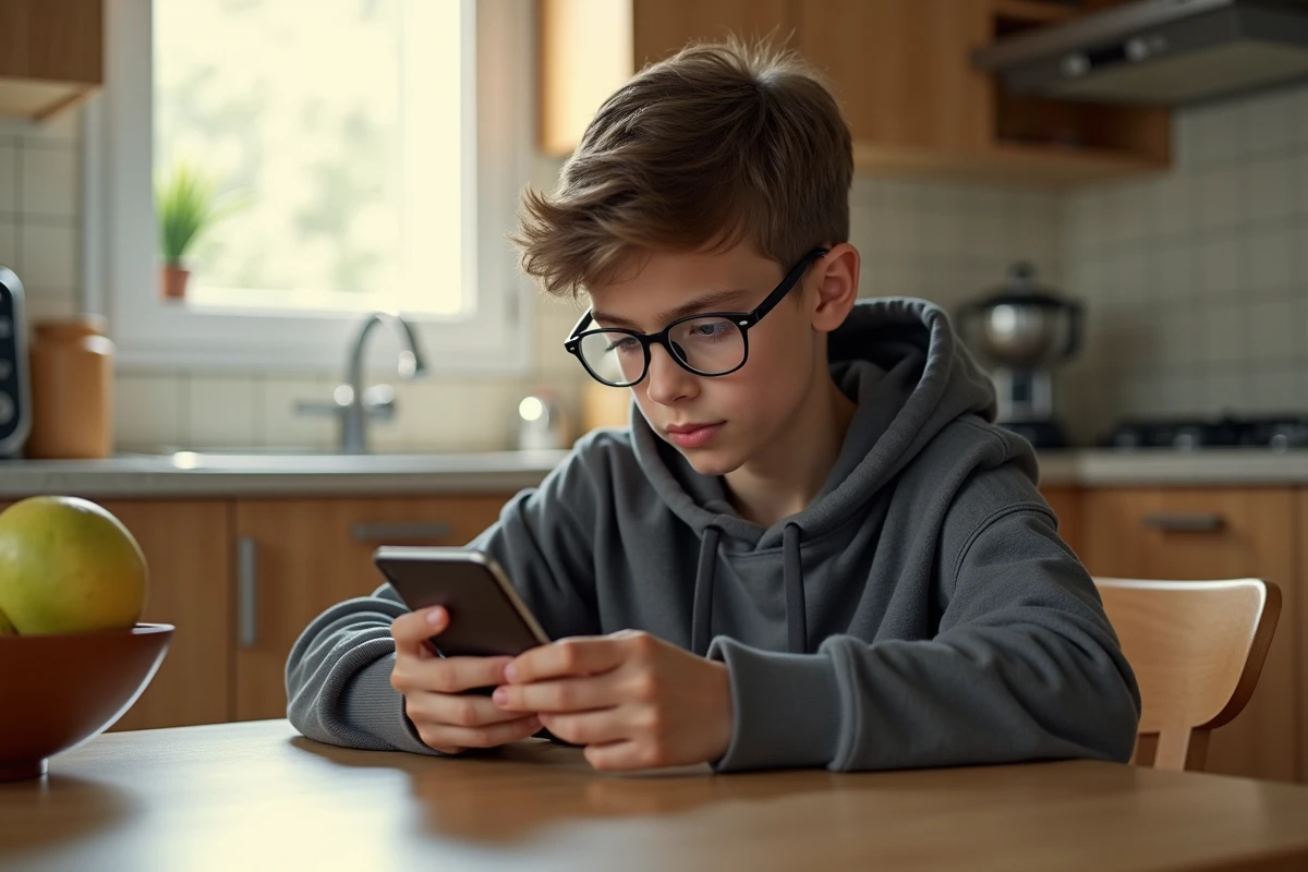 Adolescent avec smartphone dans une cuisine lumineuse