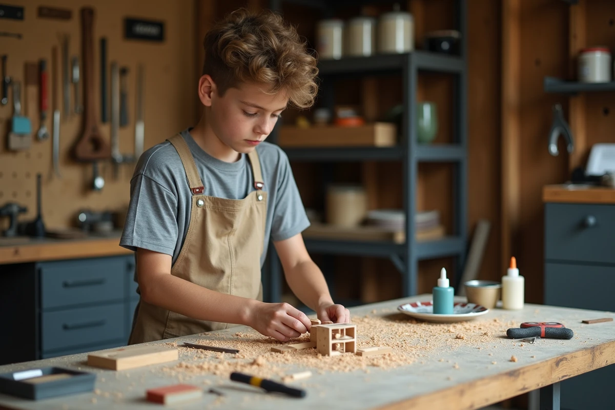 Jeune adolescent assemblant une maquette en bois dans un garage atelier, cadeau idéal pour ado manuel de 17 ans