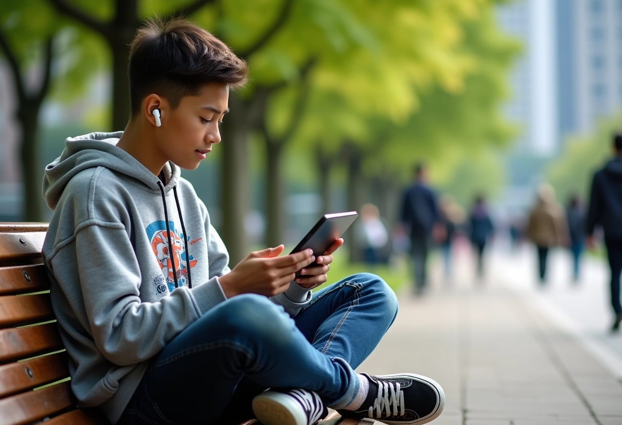 Adolescent lisant manga sur une banquette de parc en ville