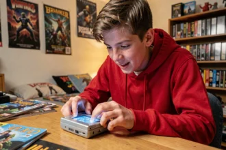 Adolescent jouant à Pokémon Émeraude sur Game Boy Advance dans une chambre gaming des années 2000