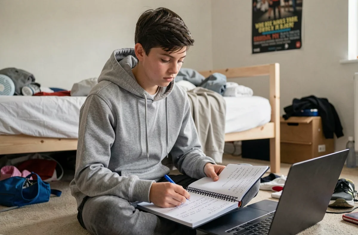 Adolescent révisant les règles de conjugaison du verbe comprendre dans son cahier de français à la maison