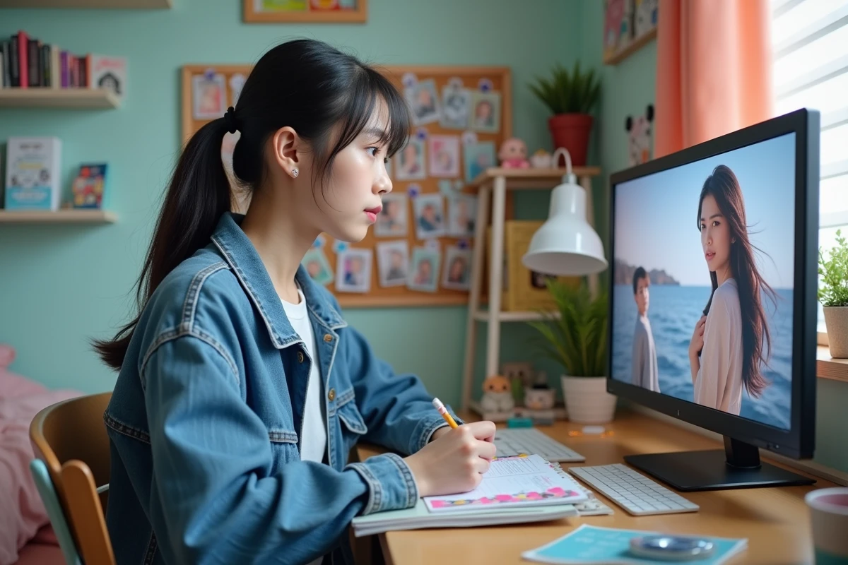 Adolescente fan débutante de K-pop prenant des notes dans sa chambre devant un écran affichant un groupe coréen, avec des photocards épinglées au mur