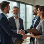 Agent immobilier en costume serre la main d'un couple souriant