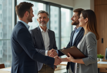 Promoteur immobilier : bien le choisir pour un investissement réussi Agent immobilier en costume serre la main d'un couple souriant