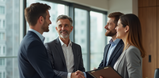 Promoteur immobilier : bien le choisir pour un investissement réussi Agent immobilier en costume serre la main d'un couple souriant