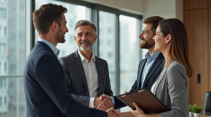 Agent immobilier en costume serre la main d'un couple souriant