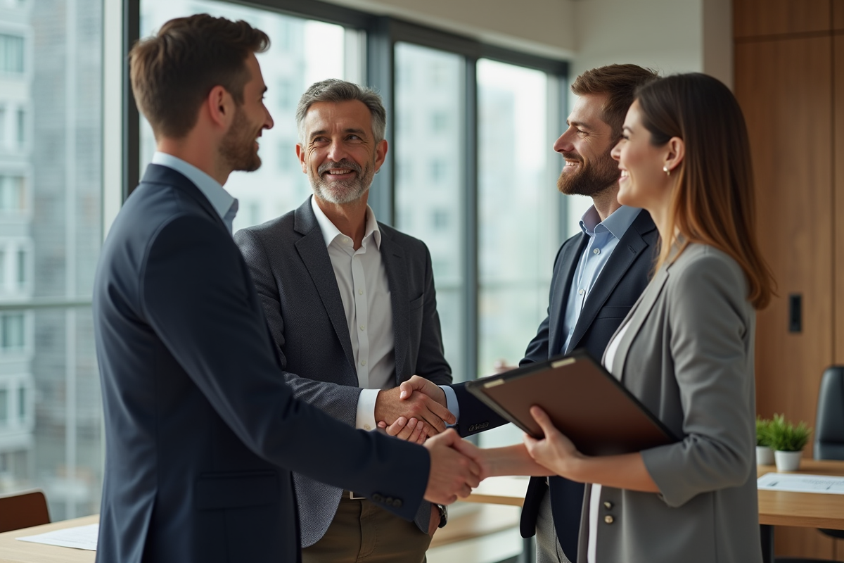Agent immobilier en costume serre la main d'un couple souriant