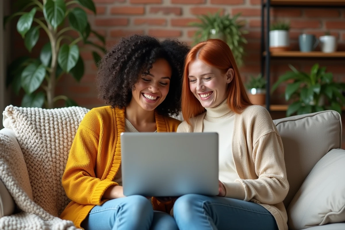 Deux amies partageant un rire en consultant des modèles de cybercartes animées écologiques sur un ordinateur portable dans un salon cosy