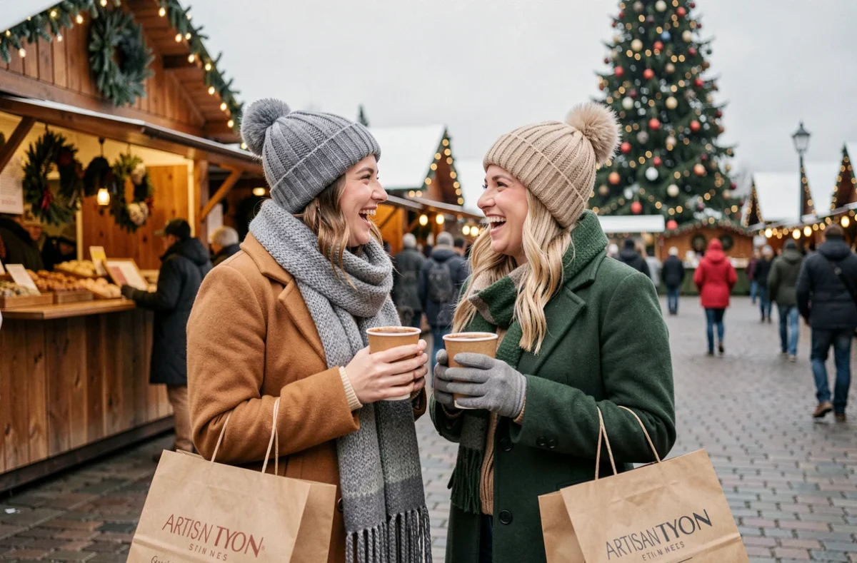 Deux amies riant et faisant leurs achats de Noël au marché de Lyon avec des cadeaux artisanaux locaux