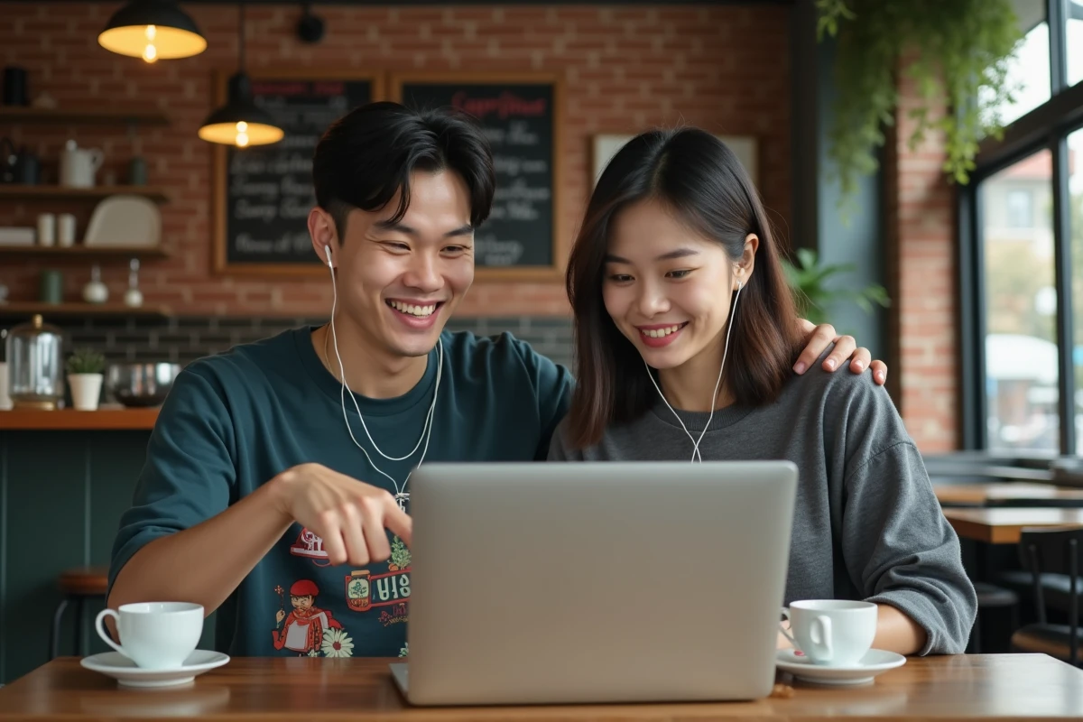 Deux amis débutants en K-pop regardant ensemble des vidéos de groupes coréens sur un ordinateur portable dans un café urbain