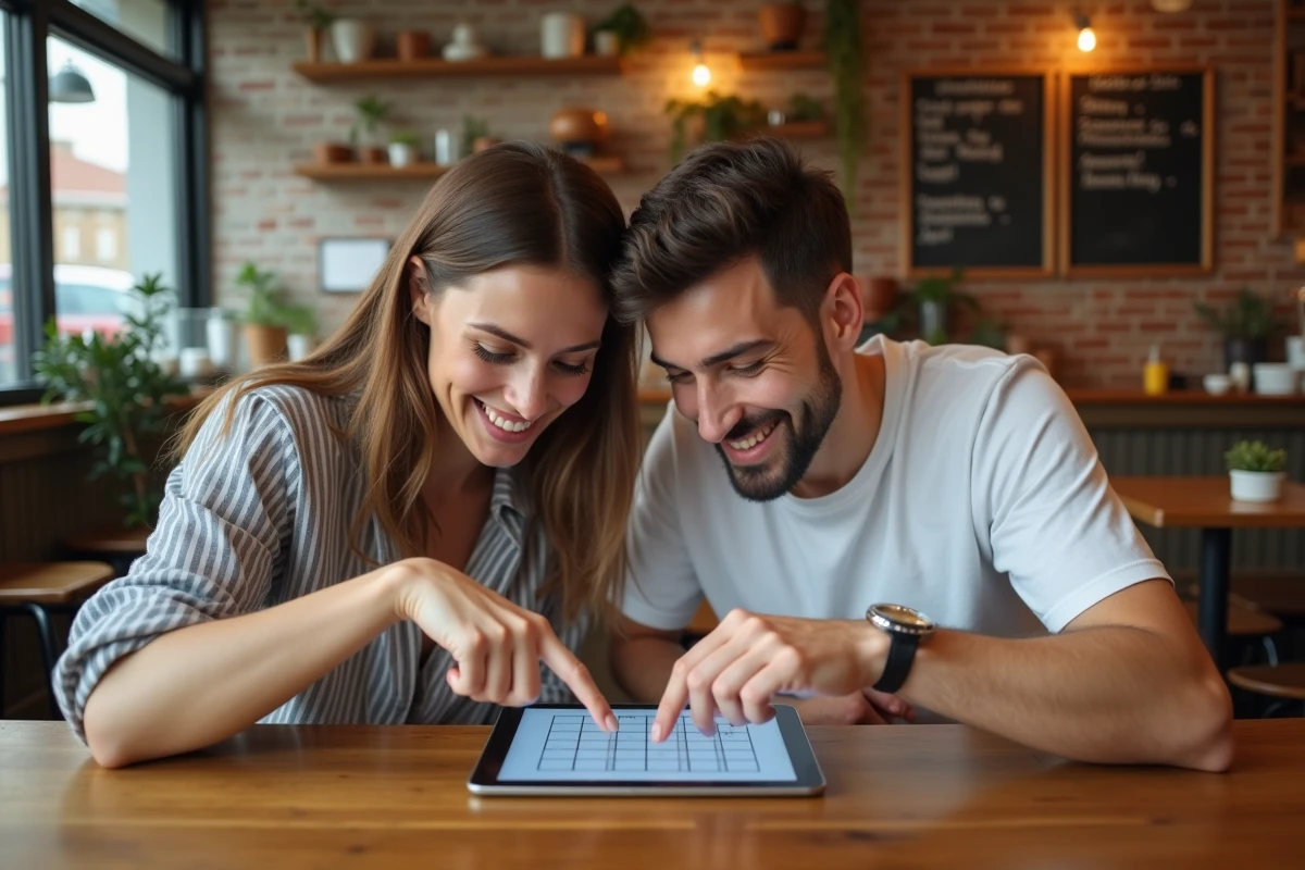Deux amis collaborant sur une grille de mots croisés numérique sur tablette dans un café vintage