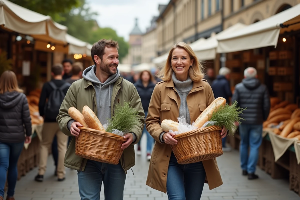 Deux amis se promenant ensemble au marché du dimanche avec des paniers remplis de produits frais