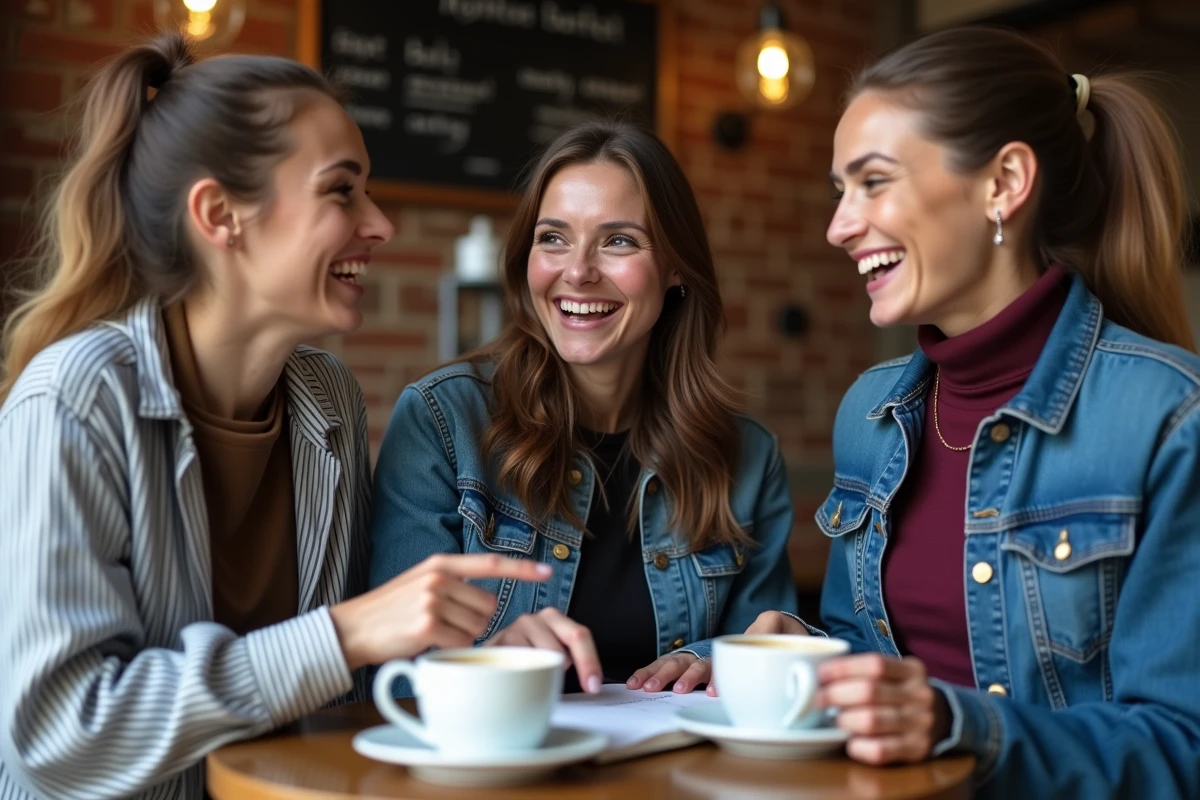 Trois amis riant ensemble autour d'un cahier ouvert dans un café, partageant des mots bienveillants et des messages d'amitié sincères