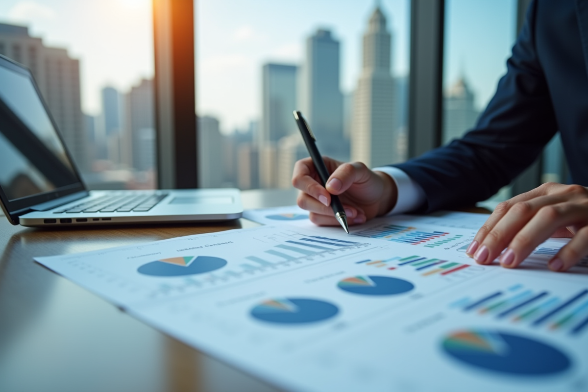 Mains analysant des rapports financiers avec skyline en arrière-plan