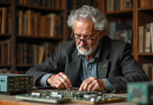 Tradition cybernétique : l’histoire et les enjeux actuels Homme âgé en costume assembleant circuits informatiques dans un bureau ancien