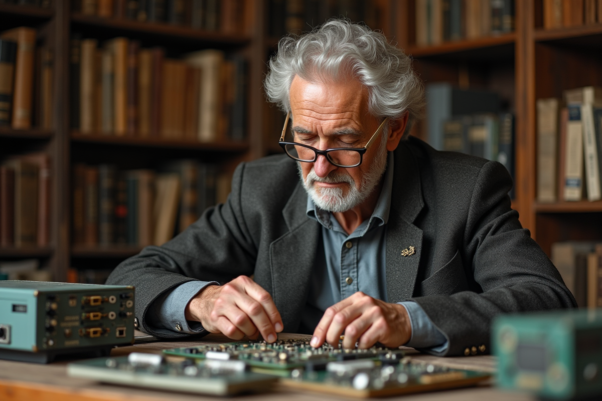 Homme âgé en costume assembleant circuits informatiques dans un bureau ancien