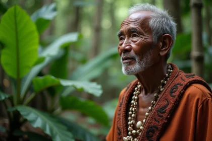 Portrait d'un homme kanak âgé en vêtements traditionnels