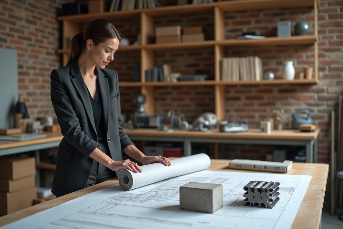 Architecte féminine comparant des échantillons de béton et de métal franchassis dans un atelier de conception technique