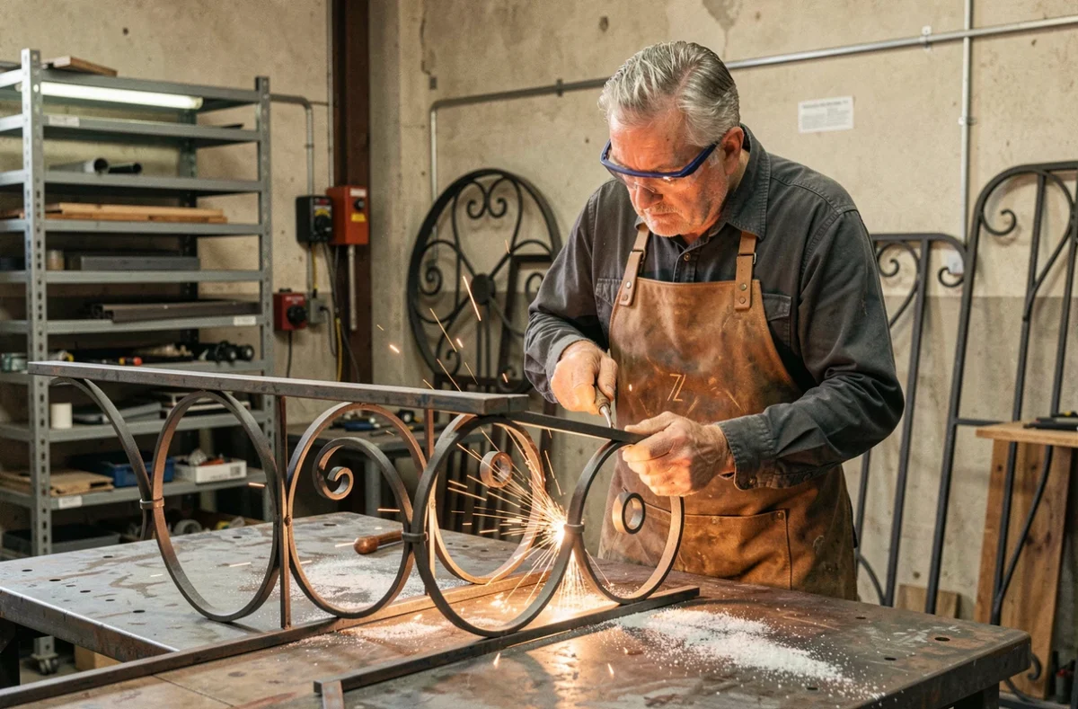 Artisan ferronnier d'Art Designe Serrurerie façonnant une pièce en fer forgé dans son atelier