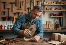 Artisan middleaged graveur de bois en atelier