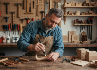 Artisan middleaged graveur de bois en atelier