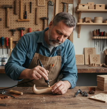 Artisan middleaged graveur de bois en atelier