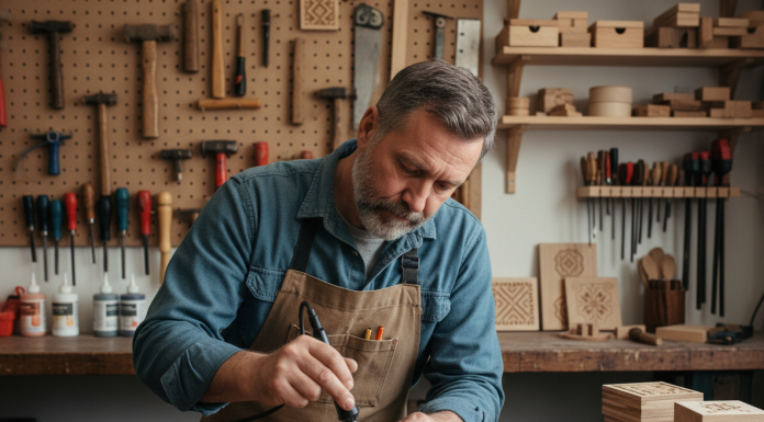 Artisan middleaged graveur de bois en atelier