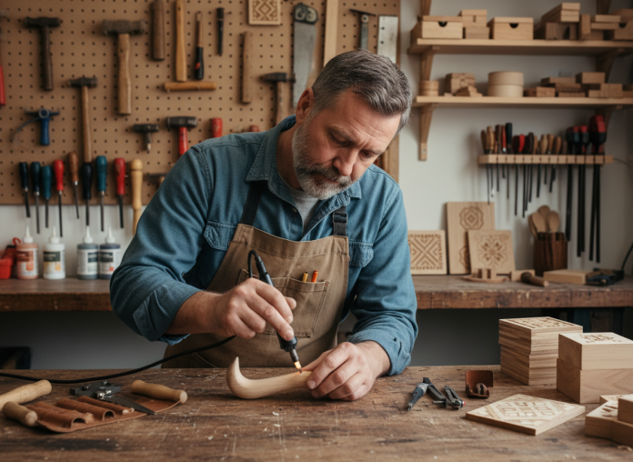 Artisan middleaged graveur de bois en atelier