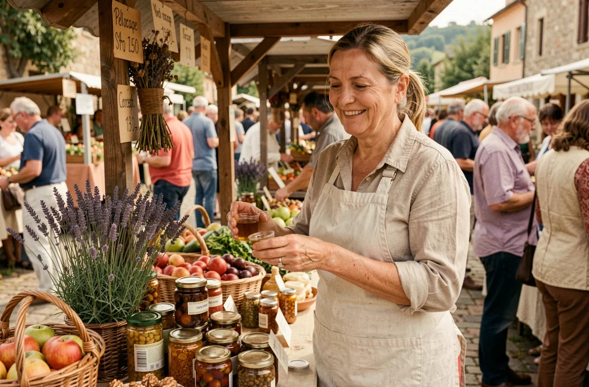 Artisane proposant des produits régionaux en dégustation sur un marché de fête de village en France