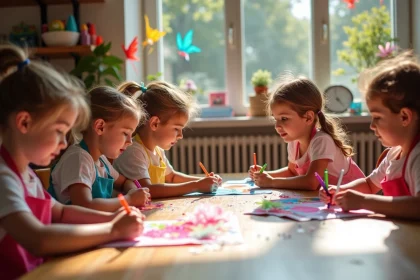 Enfants créant des masques de carnaval dans un atelier lumineux