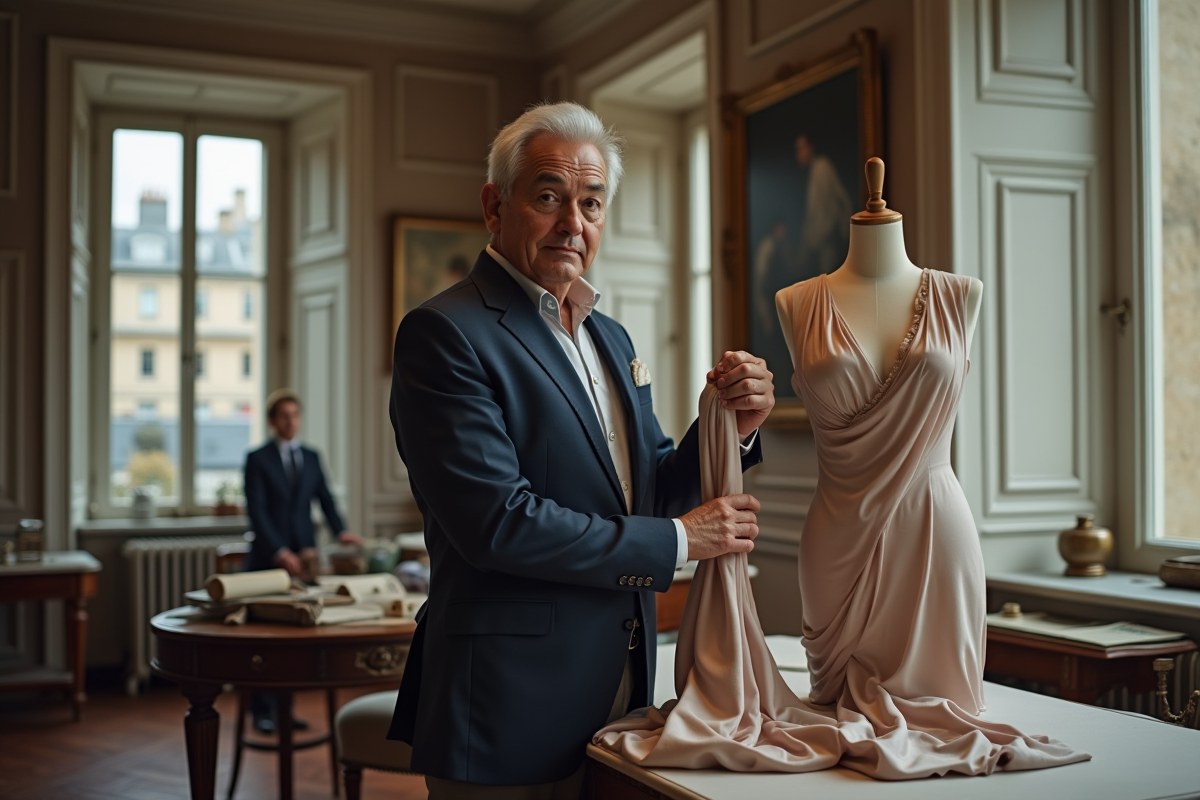 Homme élégant en costume vintage dans un atelier parisien