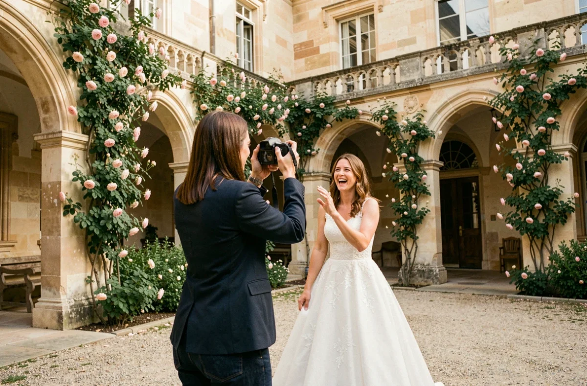 Audrey Gleizes photographiant une mariée dans la cour d'un château de Montpellier entouré de roses