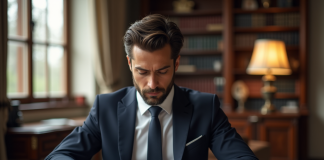 Avocat en costume lisant un livre de droit dans un bureau lumineux