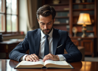 Regards sur l’article 1103 du Code civil : un pilier du droit français des contrats Avocat en costume lisant un livre de droit dans un bureau lumineux