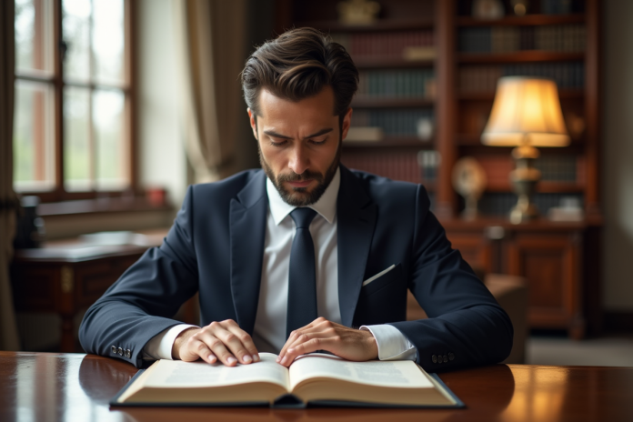 avocat-lit-ouvrage-juridique Avocat en costume lisant un livre de droit dans un bureau lumineux