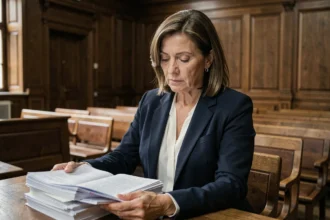 Avocate en robe de chambre professionnelle examinant des documents juridiques dans une salle d'audience illustrant la procédure de déboutement ou relaxe