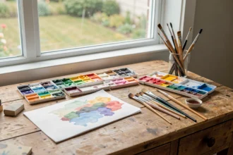 Bureau avec aquarelles et pinceaux près d'une fenêtre