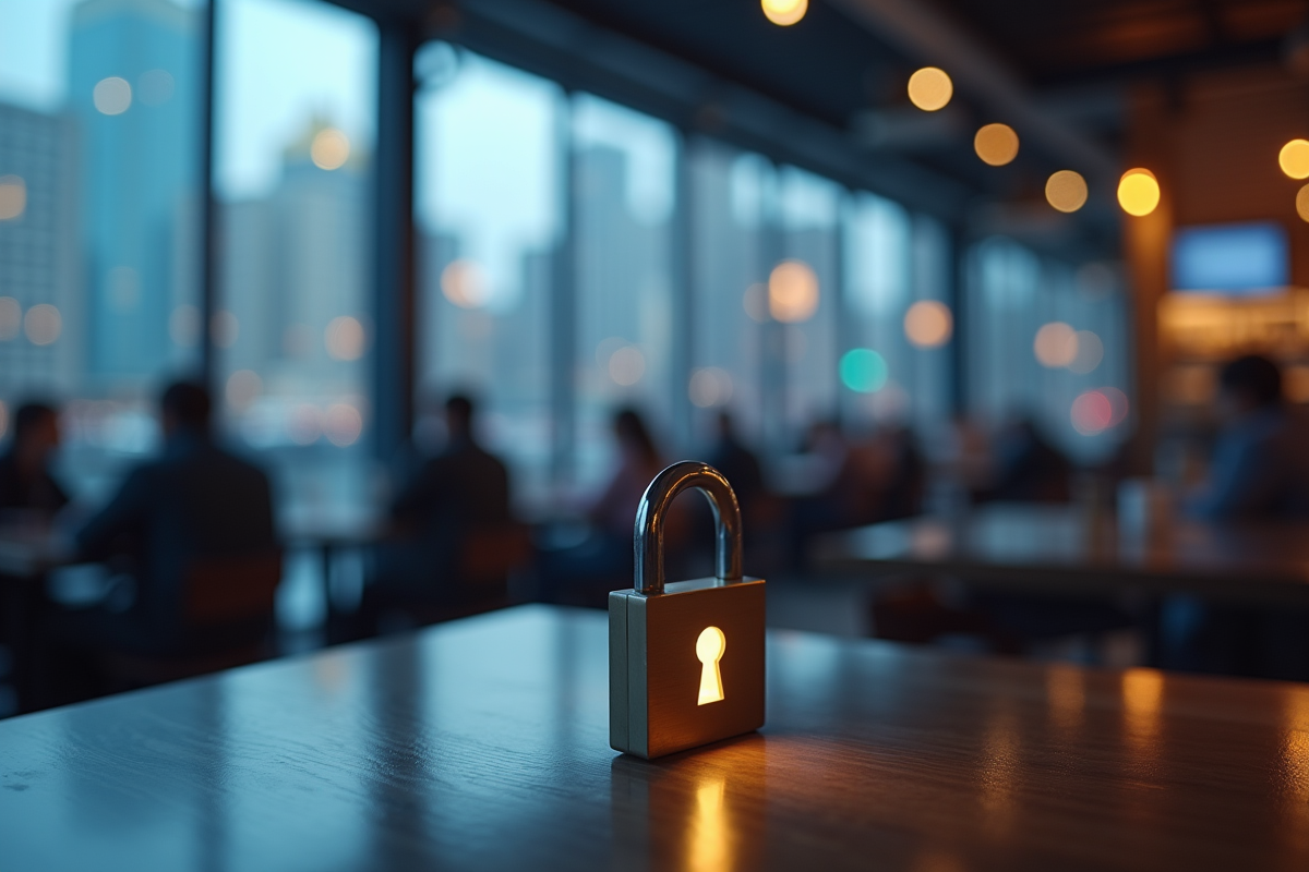 Cadenas sur une surface avec ville et WiFi public en arrière-plan