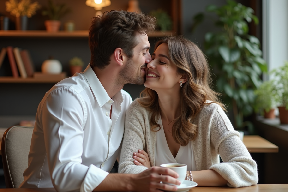 Homme et femme partageant un moment tendre dans un café chaleureux