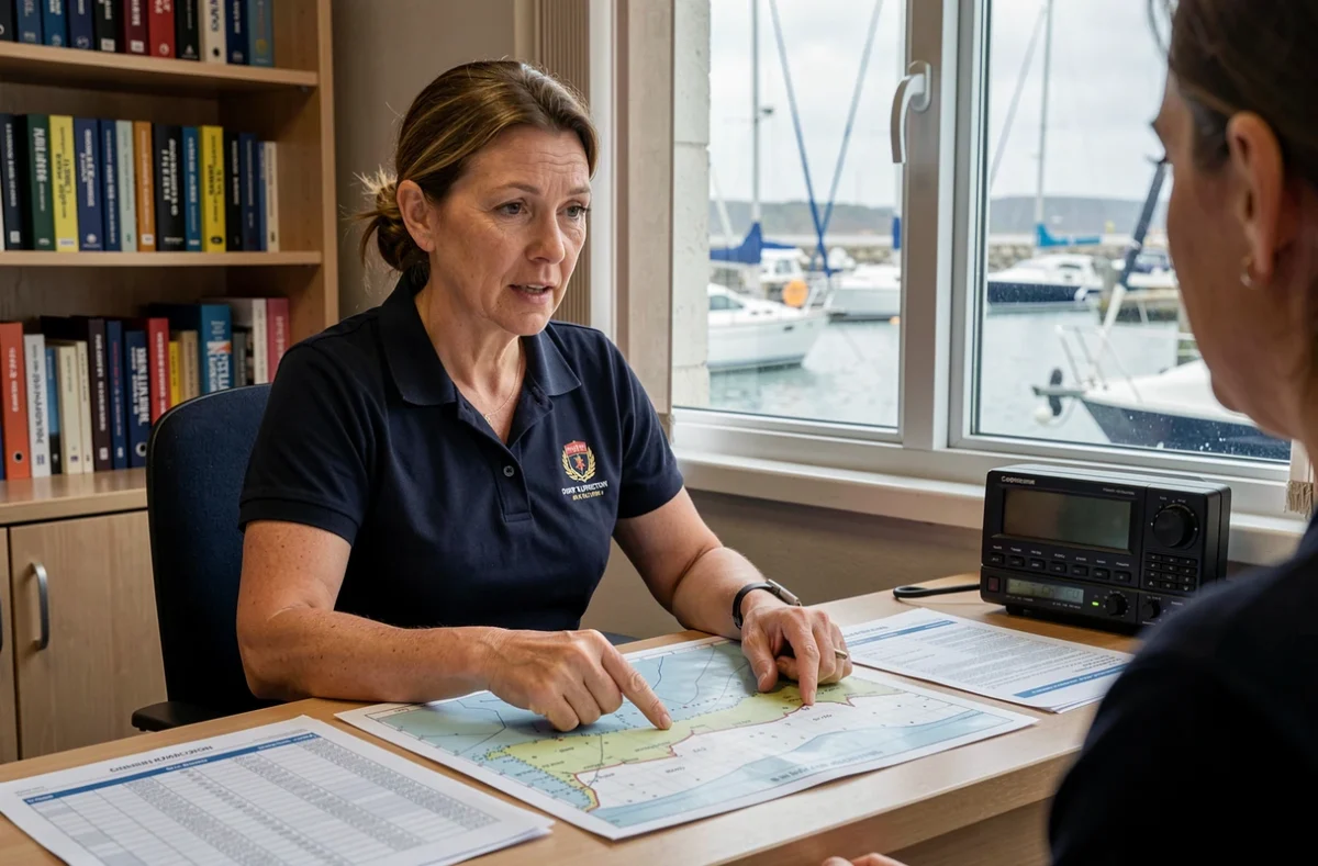 Capitainerie du port de Capbreton avec une agente consultant les horaires des marées sur un tableau de bord