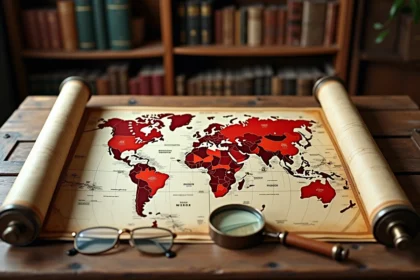 Carte du monde vintage étalée sur une table en bois montrant la Russie comme le plus grand pays par superficie
