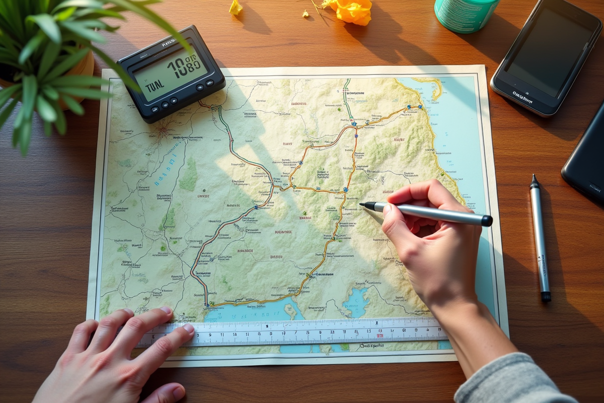Plan de marche avec main dessinant un itinéraire sur une table en bois