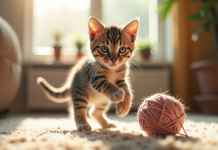 Chaton tigré joueur avec pelote de laine en intérieur