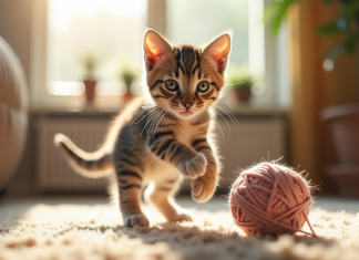 Chaton tigré joueur avec pelote de laine en intérieur