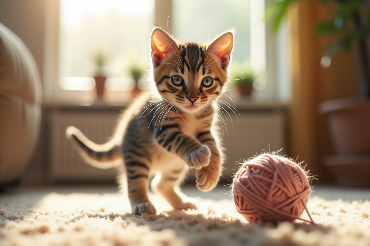 Chaton tigré joueur avec pelote de laine en intérieur