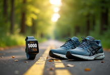 Chaussures de sport sur un sentier avec panneaux de distance et montre connectée