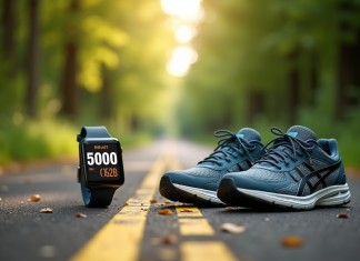 Chaussures de sport sur un sentier avec panneaux de distance et montre connectée