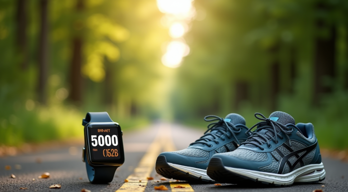 Chaussures de sport sur un sentier avec panneaux de distance et montre connectée